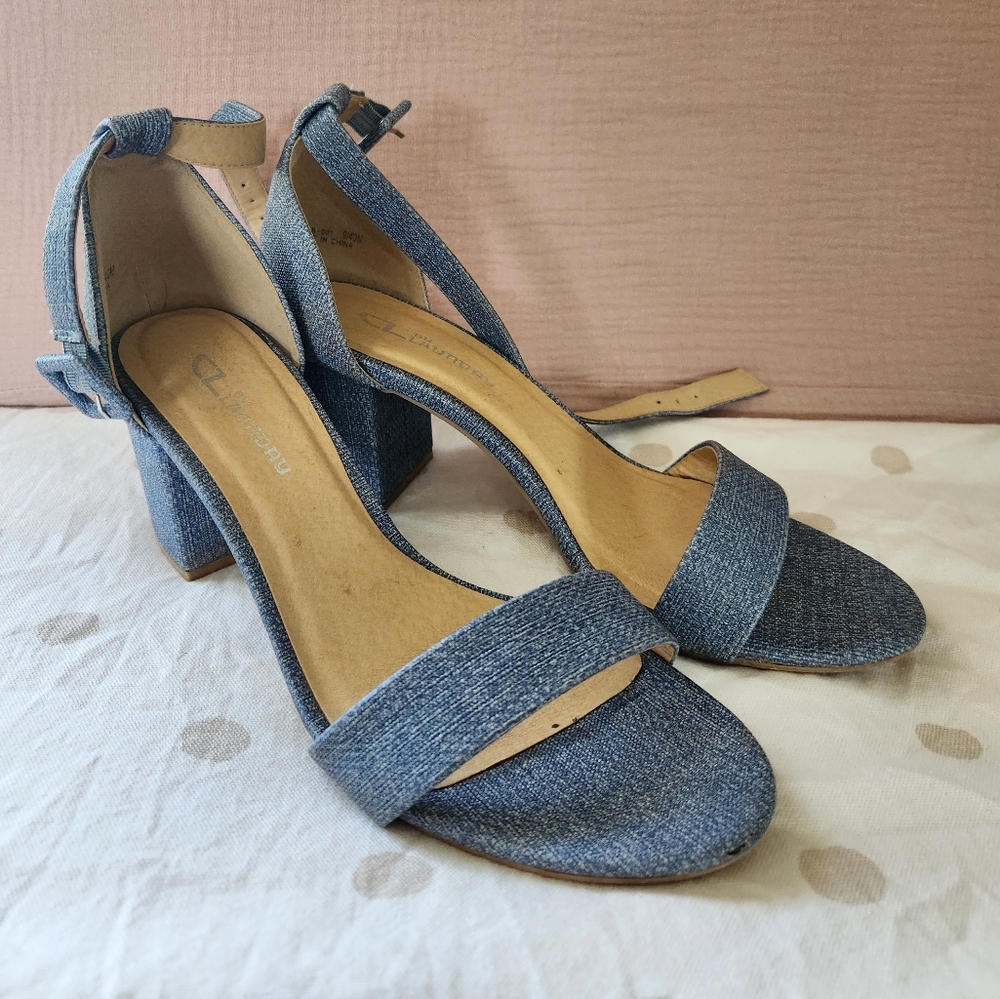 Blue denim-look block heels size 9